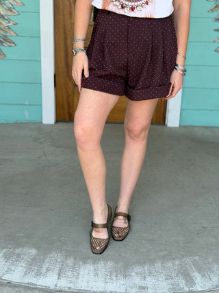 Burgundy Rhinestone Cuffed Trouser Shorts