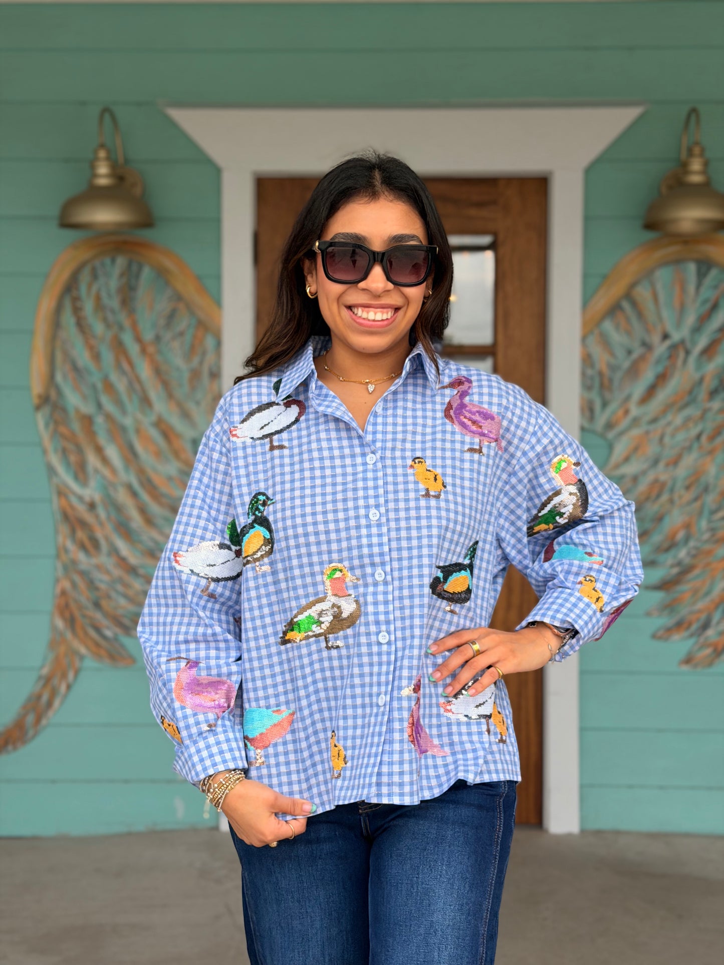 Queen of Sparkles Blue Gingham Duck Top