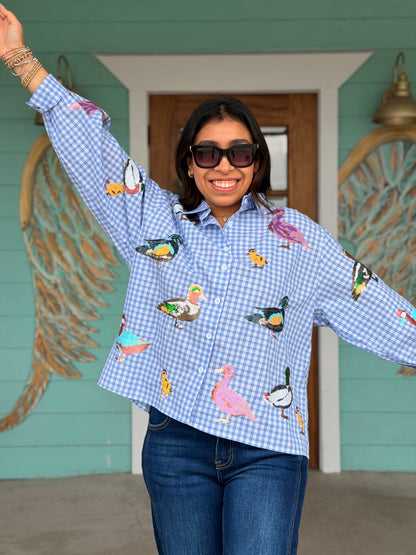 Queen of Sparkles Blue Gingham Duck Top