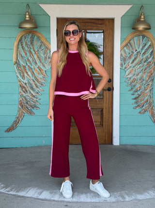 Burgundy & Pink Contrast Knit Top