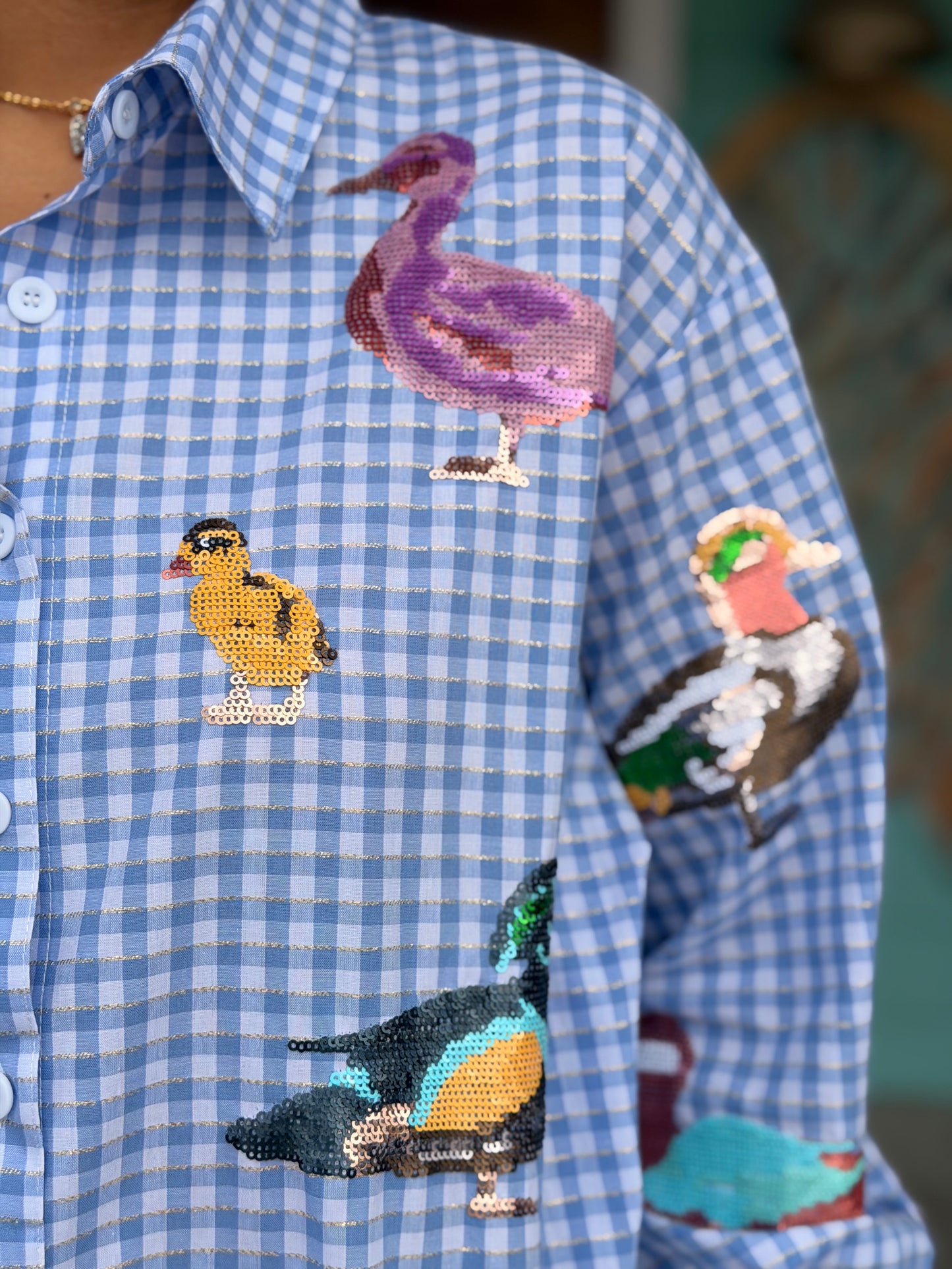 Queen of Sparkles Blue Gingham Duck Top