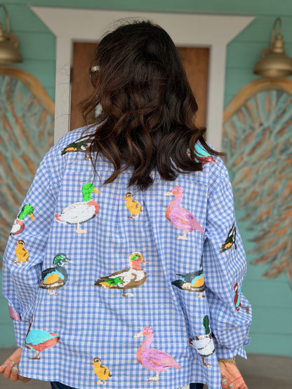 Queen of Sparkles Blue Gingham Duck Top