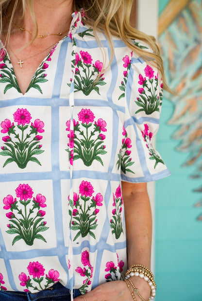 Magenta & Blue Floral Block Print Top