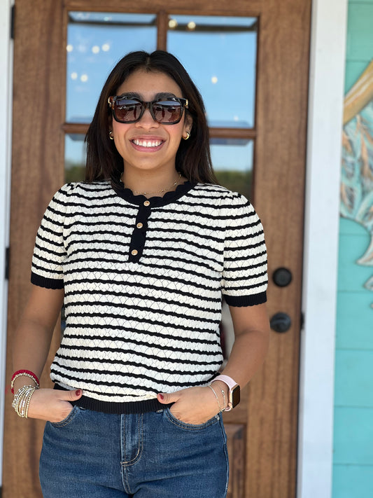 Black Stripe Pointelle Knit Top