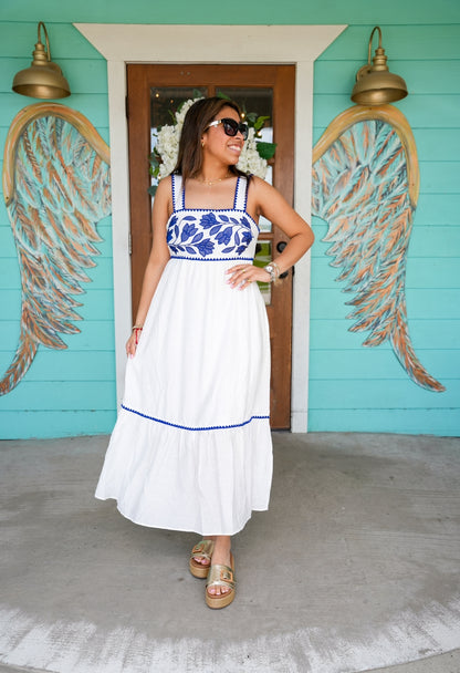 Off White & Navy Embroidered Dress