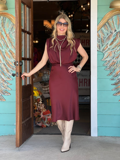 Burgundy Cowl Neck Midi Dress