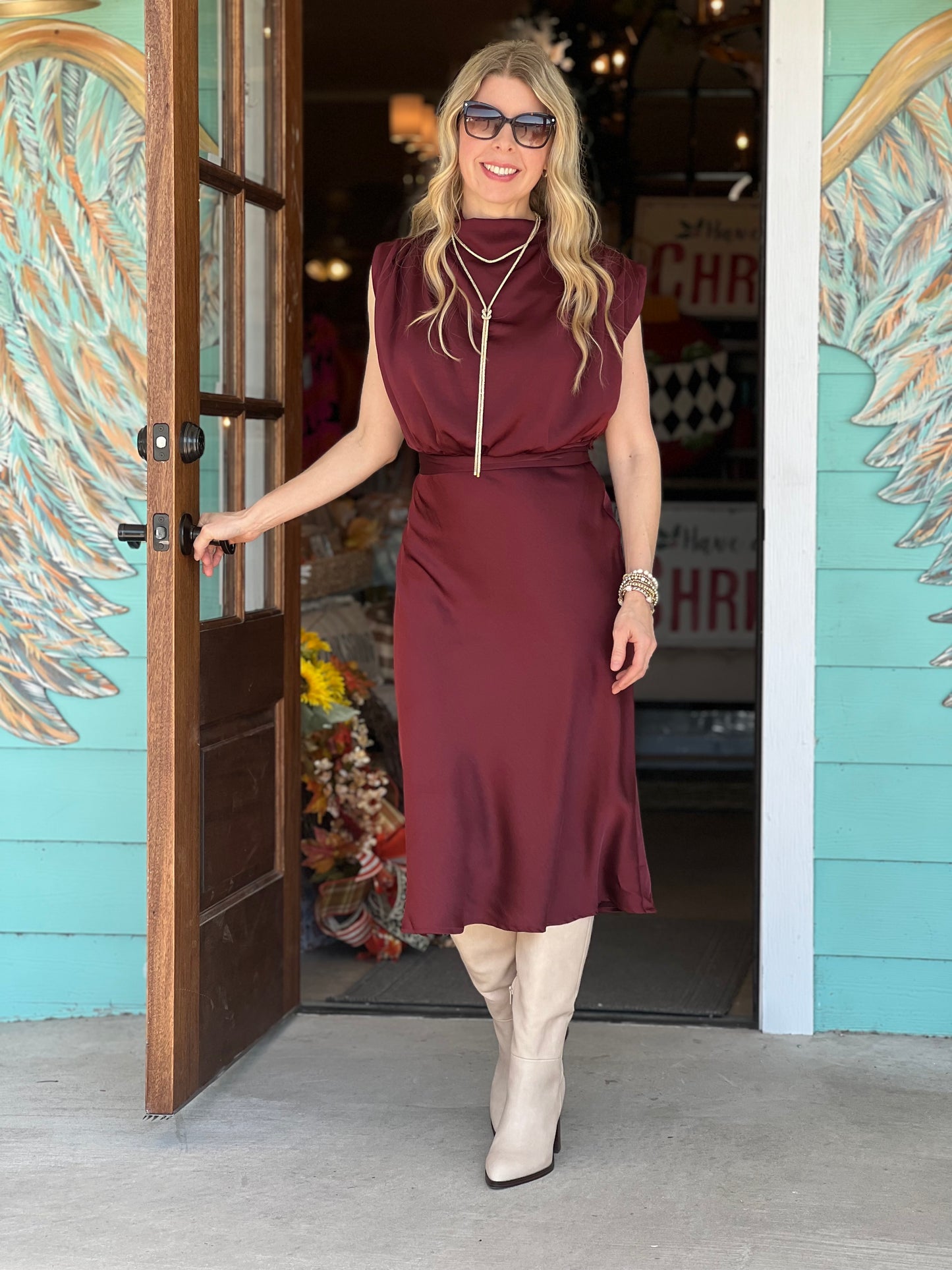 Burgundy Cowl Neck Midi Dress