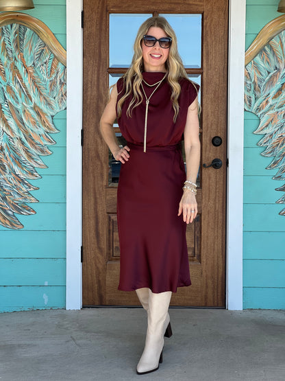 Burgundy Cowl Neck Midi Dress