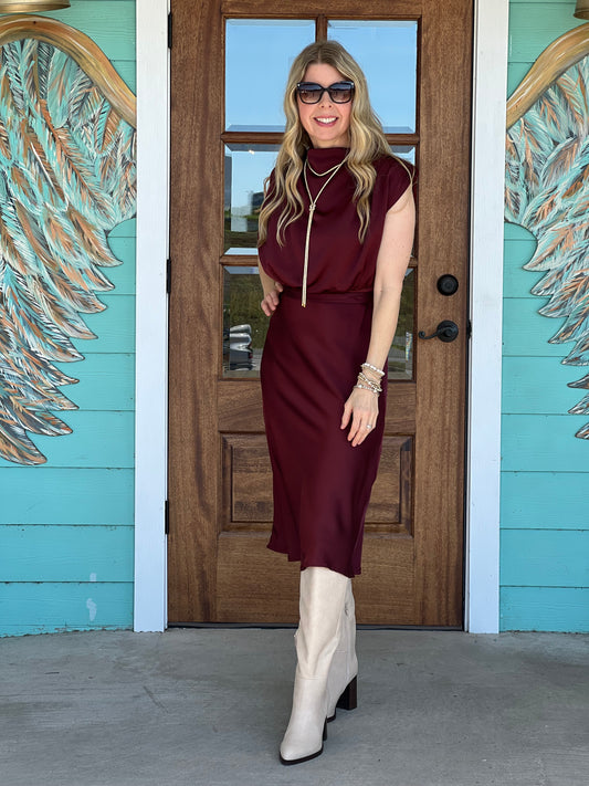Burgundy Cowl Neck Midi Dress