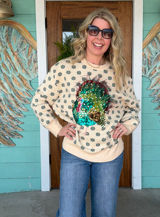 Queen of Sparkle Flower Print Feather Turkey Sweater