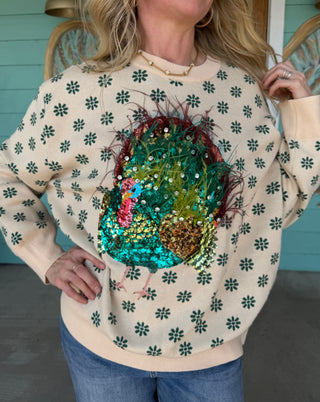 Queen of Sparkle Flower Print Feather Turkey Sweater