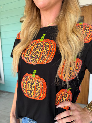 Queen of Sparkles Black Leopard Pumpkin Tee