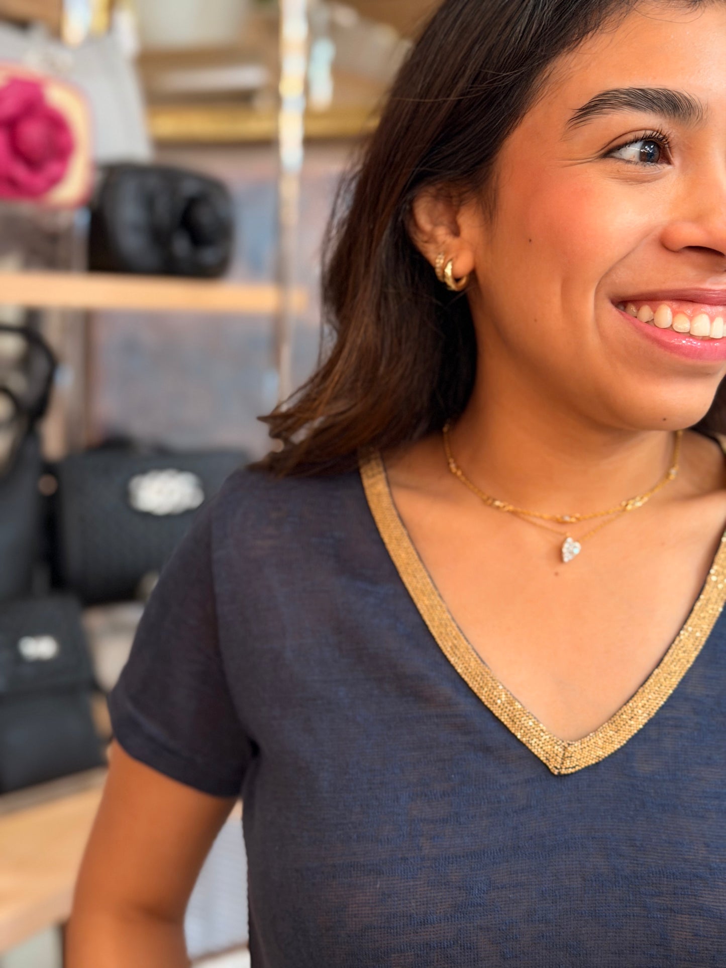 Navy Gold Detail V-Neck Tee