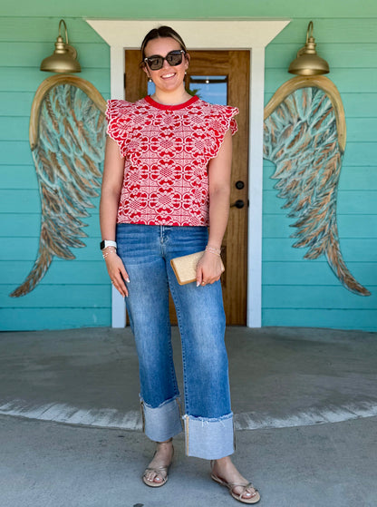 Risen Mid Rise Crop Wide Leg Cuff Jean