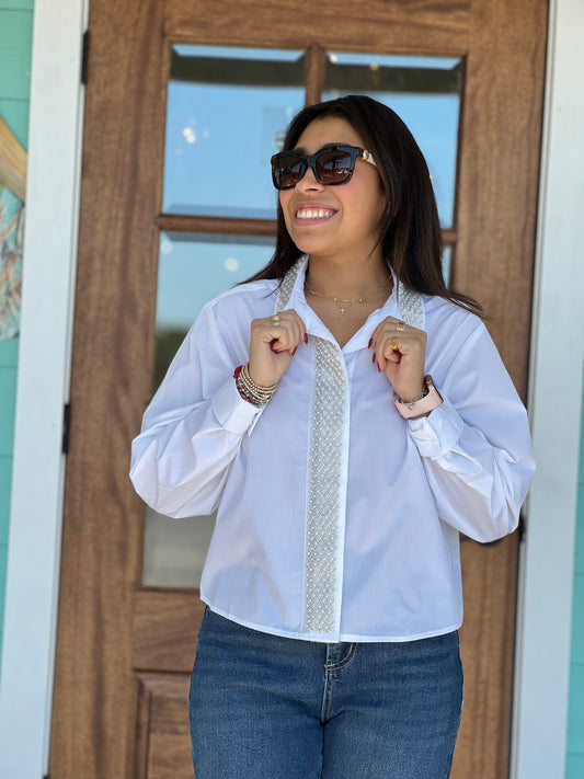 White Pearl Detail Button Down Shirt