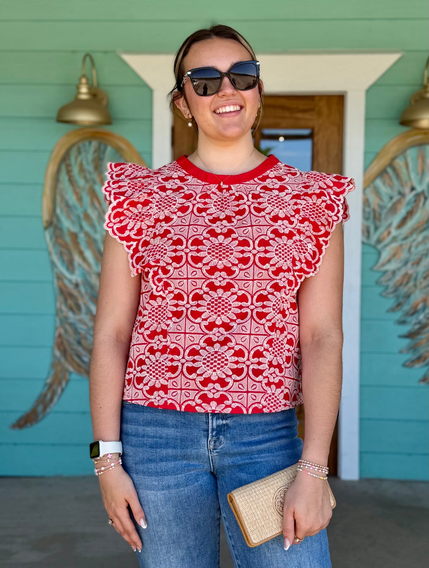 Red Scallop Embroidered Top