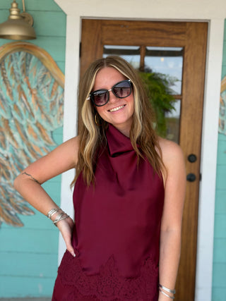 Burgundy Halter Neck Lace Trim Top