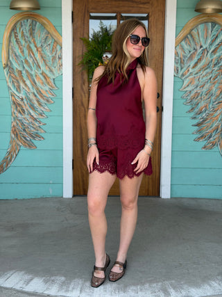 Burgundy Lace Trim Shorts