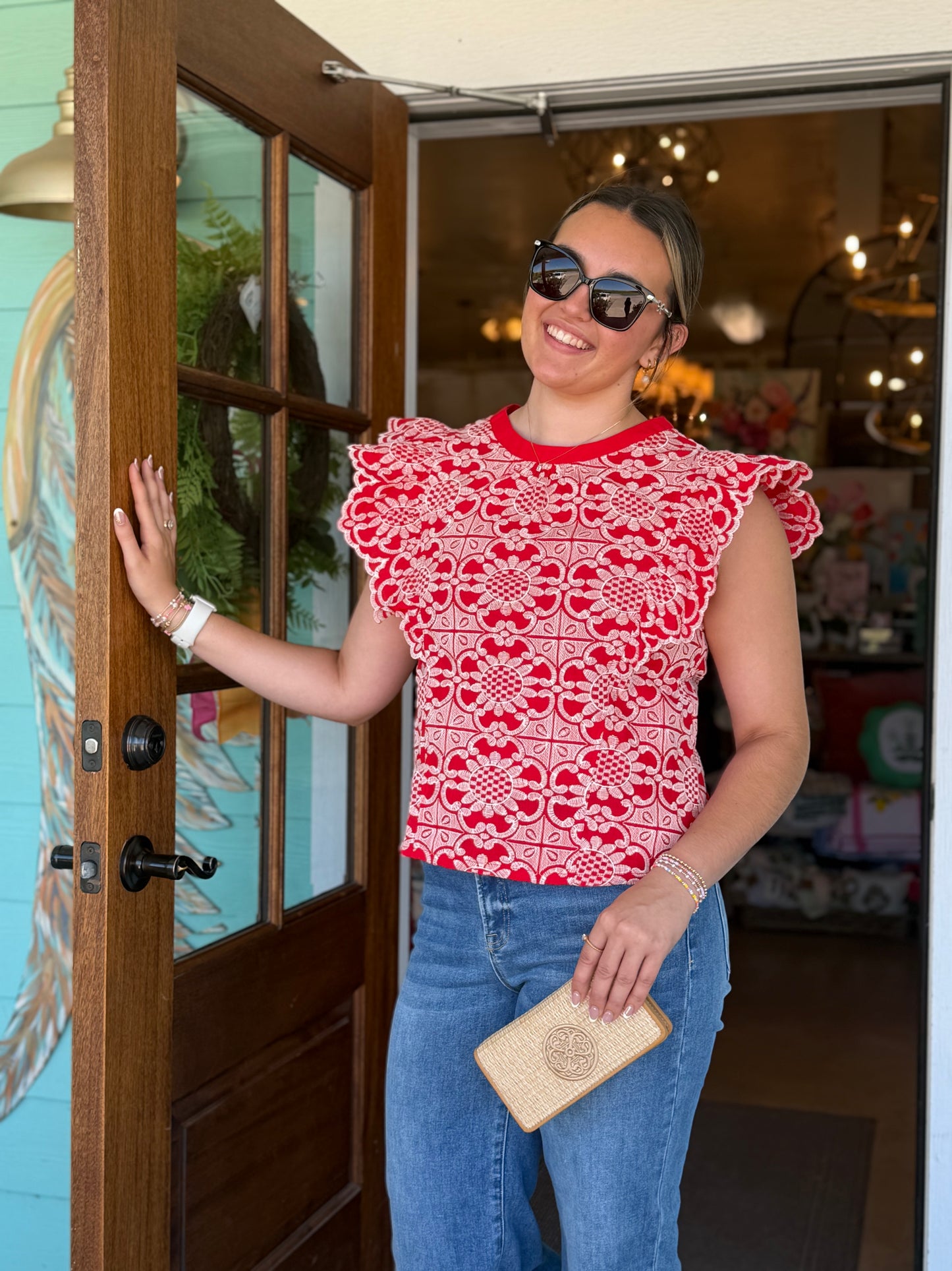 Red Scallop Embroidered Top
