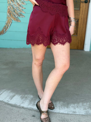Burgundy Lace Trim Shorts