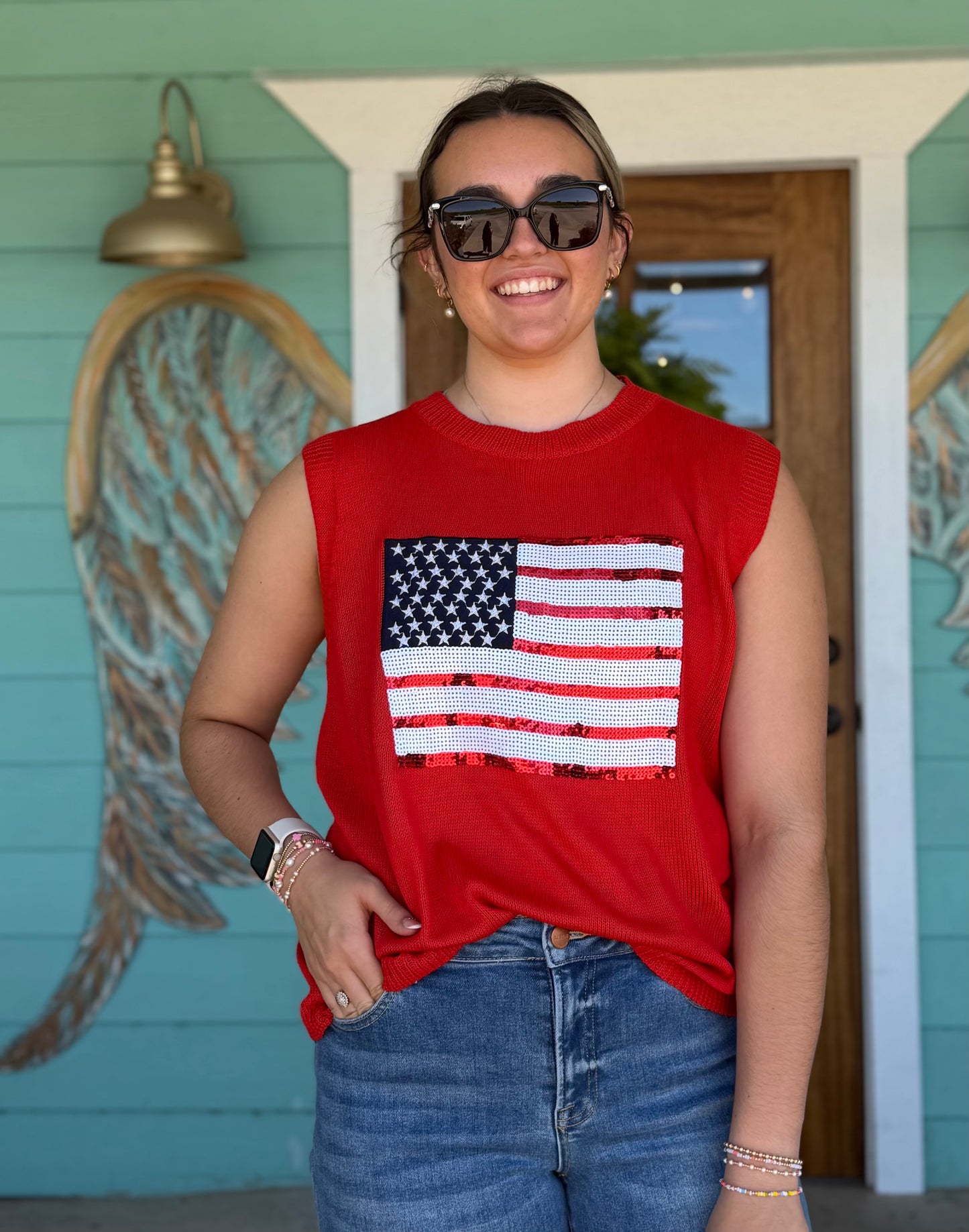 Red American Flag Sequin Top
