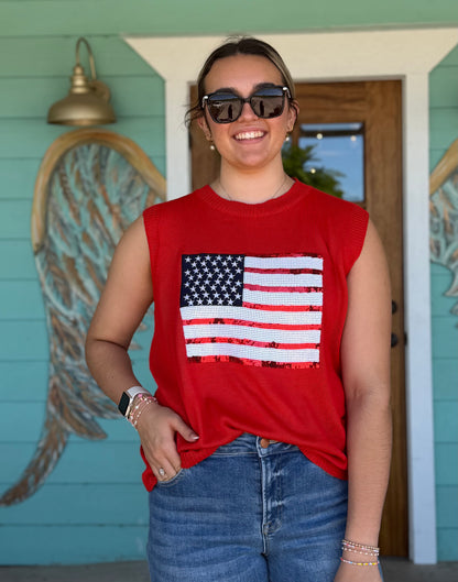 Red American Flag Sequin Top