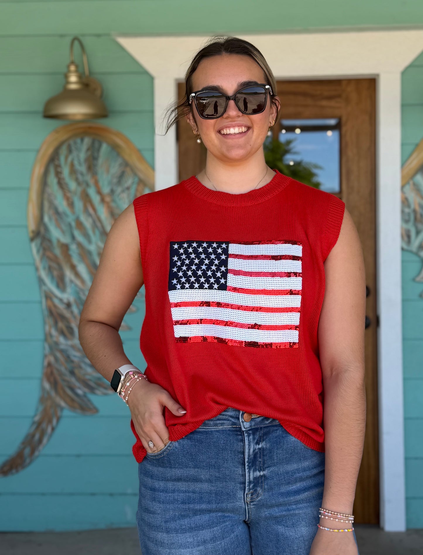 Red American Flag Sequin Top
