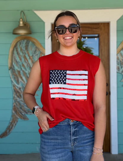 Red American Flag Sequin Top