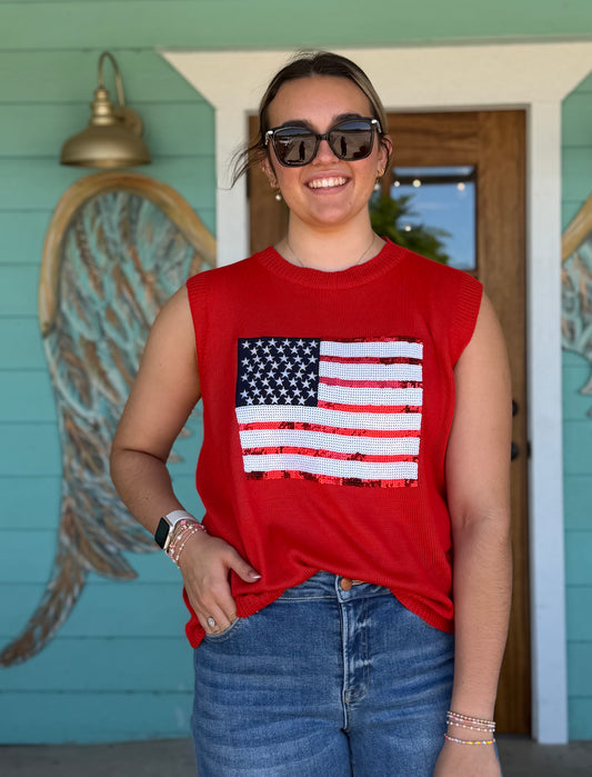 Red American Flag Sequin Top