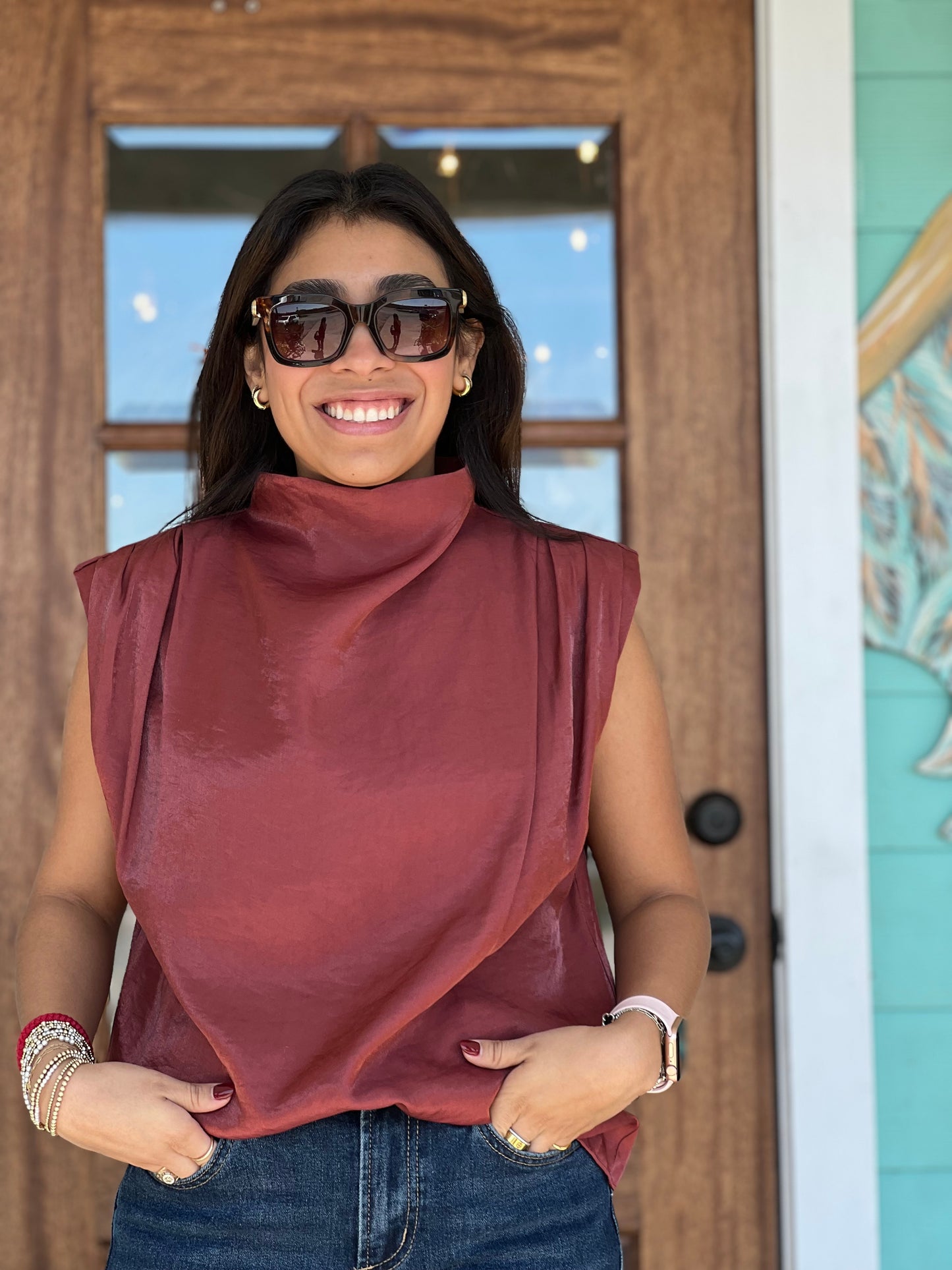 Rust Shimmer Cowl Neck Top