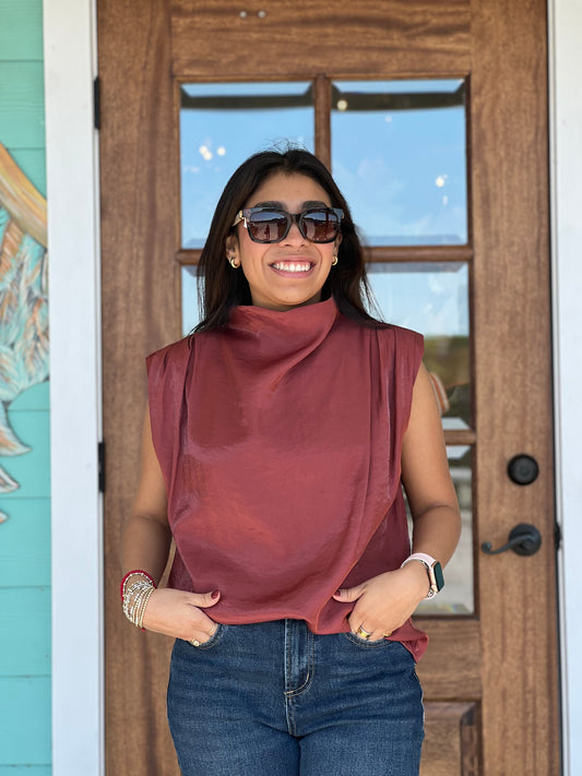 Rust Shimmer Cowl Neck Top