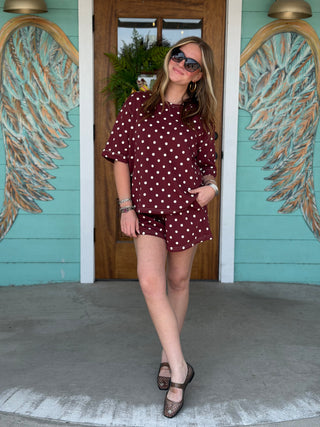 Wine Polka Dot Knit Short Set