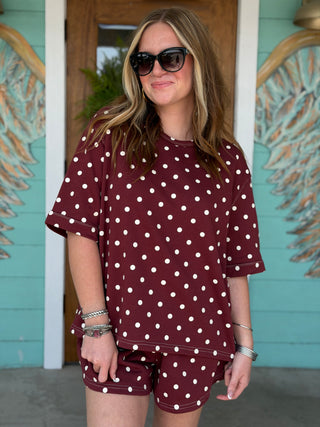Wine Polka Dot Knit Short Set