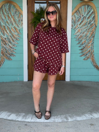 Wine Polka Dot Knit Short Set