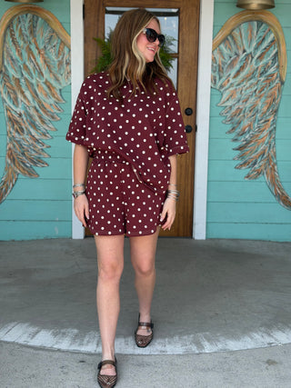 Wine Polka Dot Knit Short Set