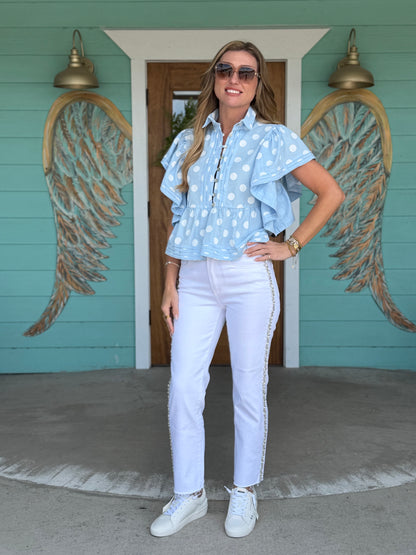 Baby Blue Polka Dot Flutter Top
