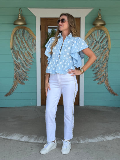 Baby Blue Polka Dot Flutter Top