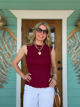 Burgundy Smocked Ruffle Hem Top