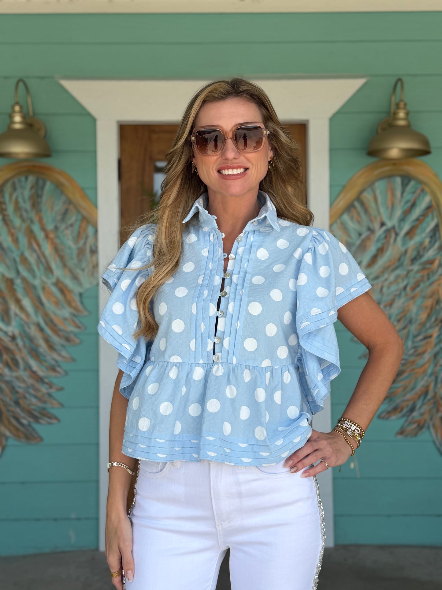 Baby Blue Polka Dot Flutter Top