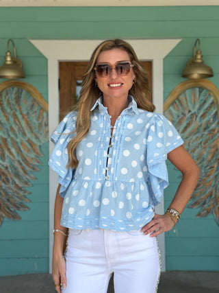 Baby Blue Polka Dot Flutter Top