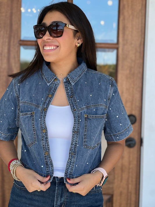 Denim Rhinestone Embellished Button Top