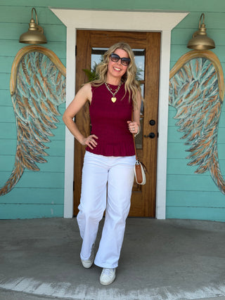 Burgundy Smocked Ruffle Hem Top