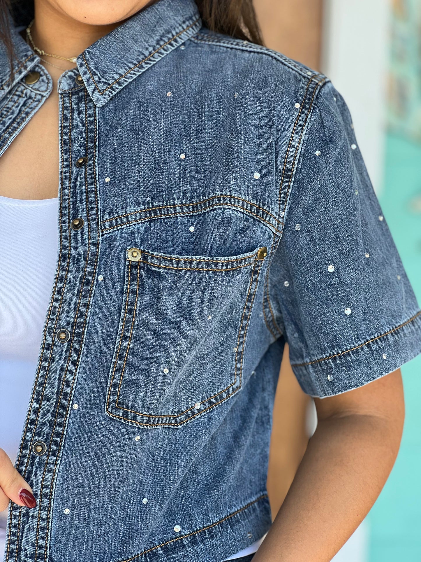 Denim Rhinestone Embellished Button Top