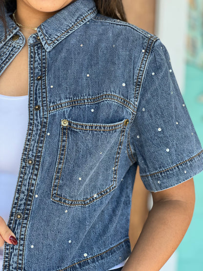 Denim Rhinestone Embellished Button Top