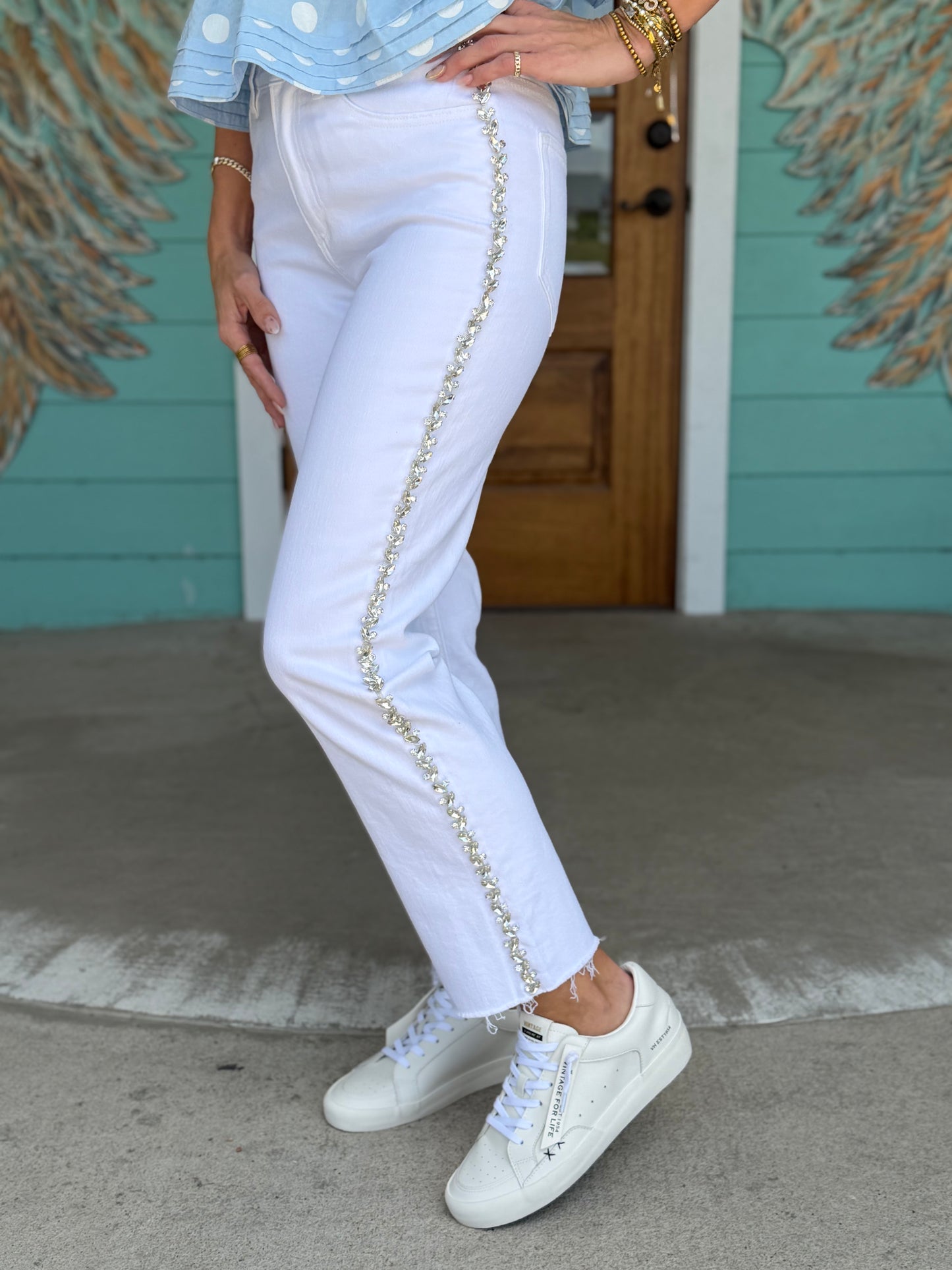 Mica Snow Straight Leg Rhinestone Detail Denim