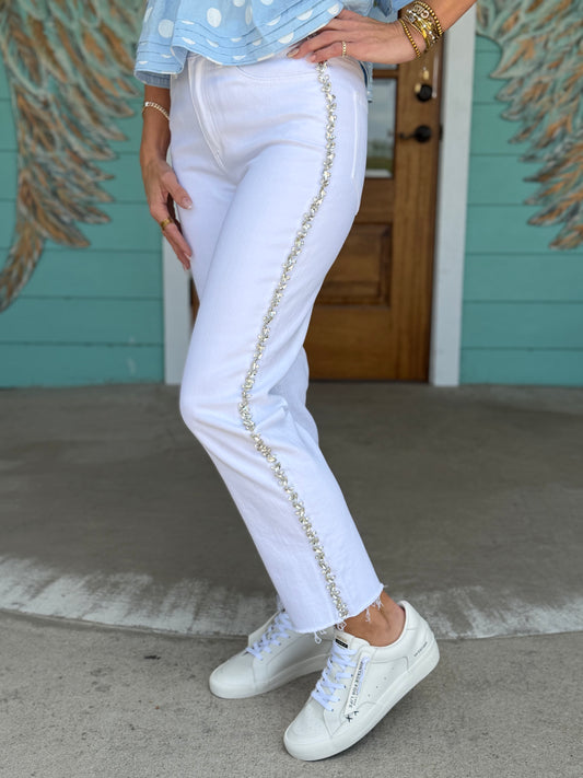 Mica Snow Straight Leg Rhinestone Detail Denim