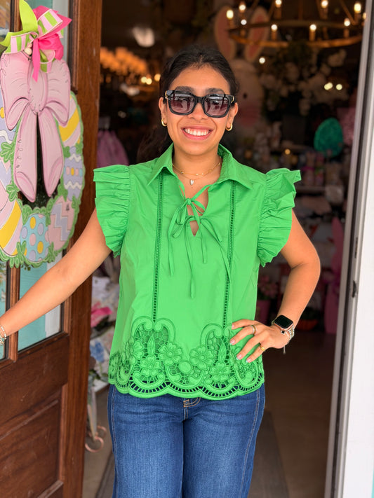 Green Embroidered Flutter Mila Top
