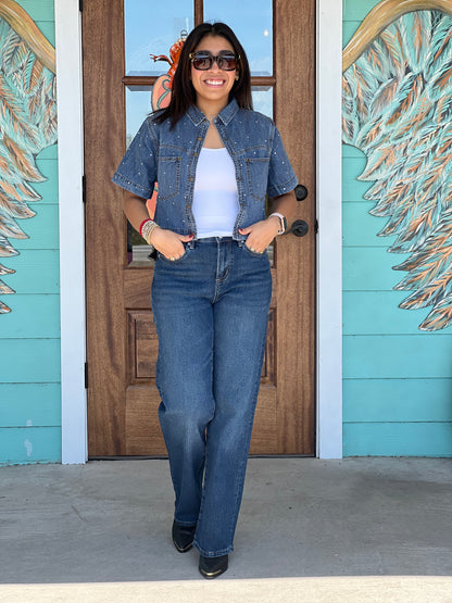 Denim Rhinestone Embellished Button Top