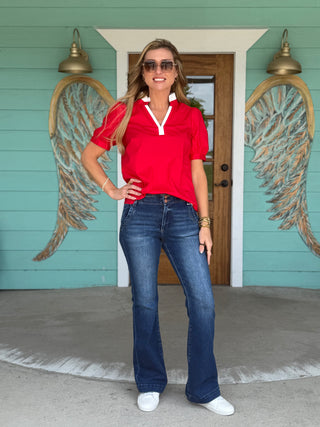 Risen High Rise Flare Double Button Jeans