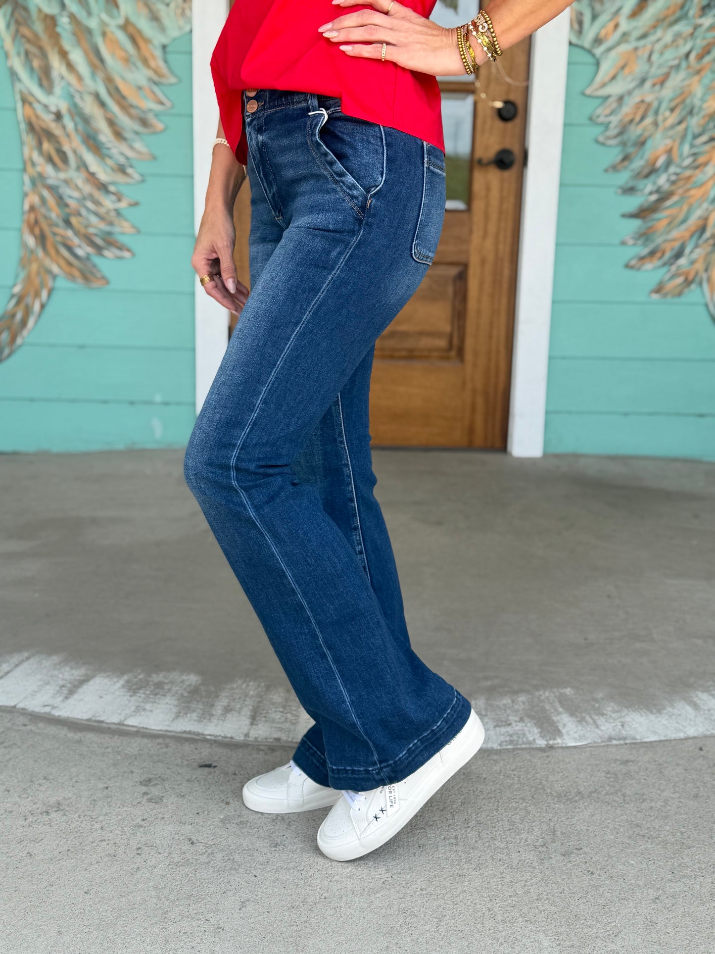 Risen High Rise Flare Double Button Jeans